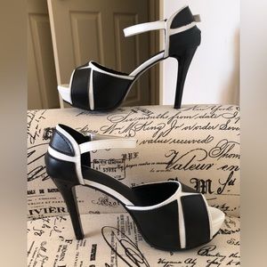 Heels; Vegan Leather;White on Black; Adj.Ankle Strap;Peep Toe; Cushioned Insoles